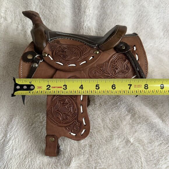Realistic Tooled Miniature Small Leather Western Saddle 8” Long Doll Accessory - Picture 5 of 7